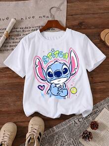 Disney DIS Lilo And Stitch Cute Star Heart Doodle Printed Pattern T-Shirts For Girls - Children's Clothing Design Short-Sleeved Casual And Cute Style Comfortable And Casual Wear All Year Round Suitable For Parties And Play Machine Washable Gift Children's Clothing Girls' Short-Sleeved Shirts - White - View 2