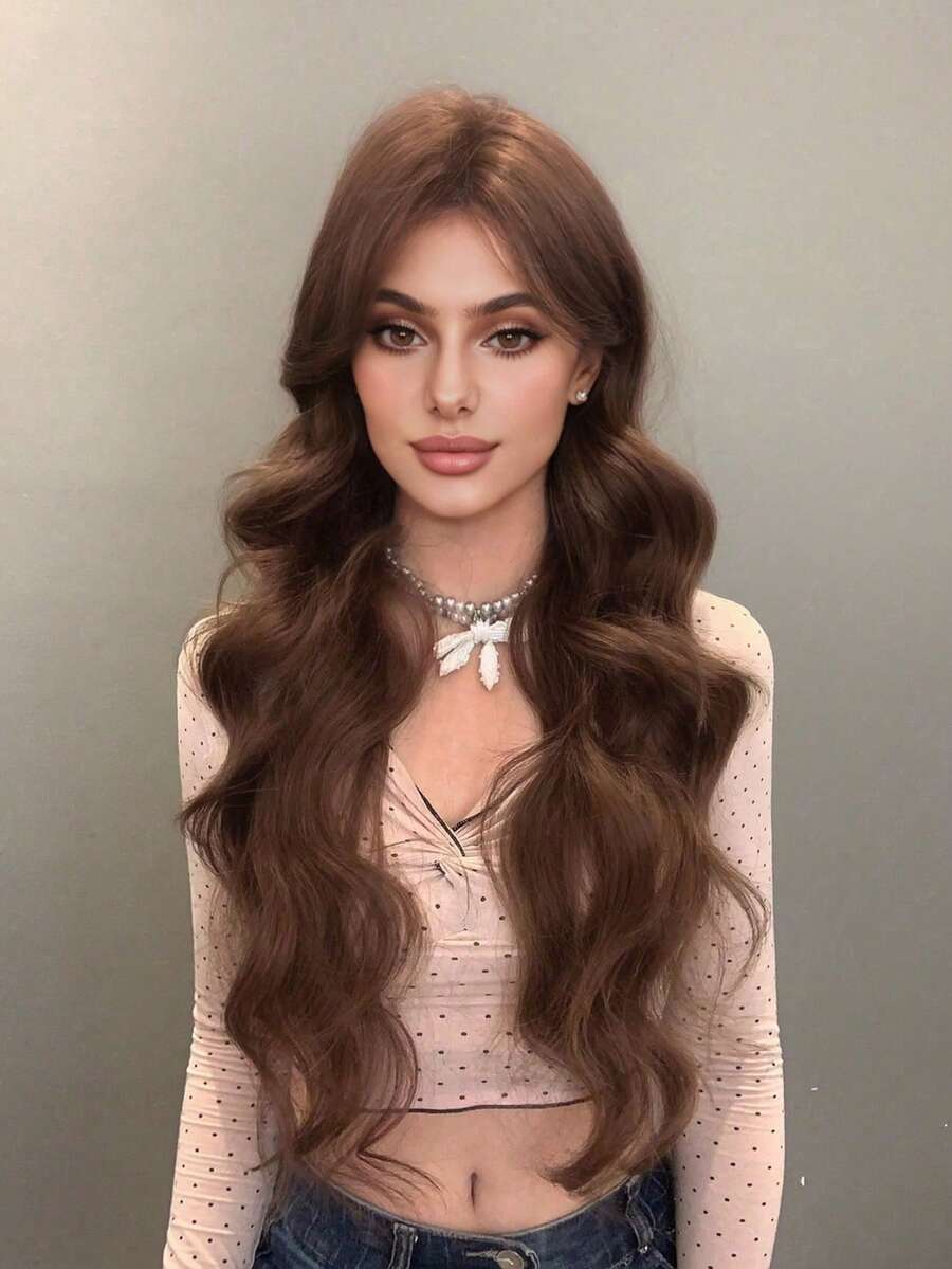 28-Inch Long Synthetic Wig Featuring A Natural Wavy Style In A Stunning Brown. Middle Part Design , It Is Crafted From Heat-Resistant Fiber To Ensure Durability. This False Hairpiece Is Perfect For Ms Daily S Perfect For Daily Use, Offering A Natural And Re Use, Offering A Natural And Realistic Appearance That Mimics It Is Also A Gift For Women. - Brown - View 1