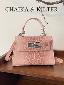 New Summer Lychee Pattern Fashion Women's Handbag, Stylish Adjustable Shoulder Strap Decoration, Minimalist Solid Color High-End Hardware Decor Commuter Shoulder Bag - Pink - View 3