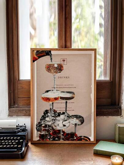 1 pieza Impresión artística de carrito de bar de champán vintage de los 70 - Póster de lienzo sin marco para decoración de sala de estar, dormitorio, cocina - Arte de pared retro hipster, regalo de inauguración de casa, uso interior/exterior, decoración de pared, ilustración minimalista