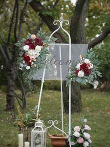 2pcs/Set - Classic Floral Decor - Artificial White Flowers With Plastic Green Leaves, Suitable For Wedding Arches, Banquet Halls, Home Decor, As Well As Graduation Ceremonies, Thanksgiving, Birthdays, Back To School Events And More - Red - View 2