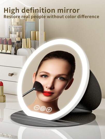 高清化妆镜带LED灯，便携式折叠旅行镜，三色灯光，可调光触摸屏，可充电旅行化妆镜，带灯美妆镜，桌面LED折叠化妆镜，送给女孩和女性的礼物