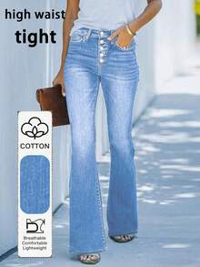 Women's Personalized Multi-Button Jeans Casual Spring - Light Wash - View 1