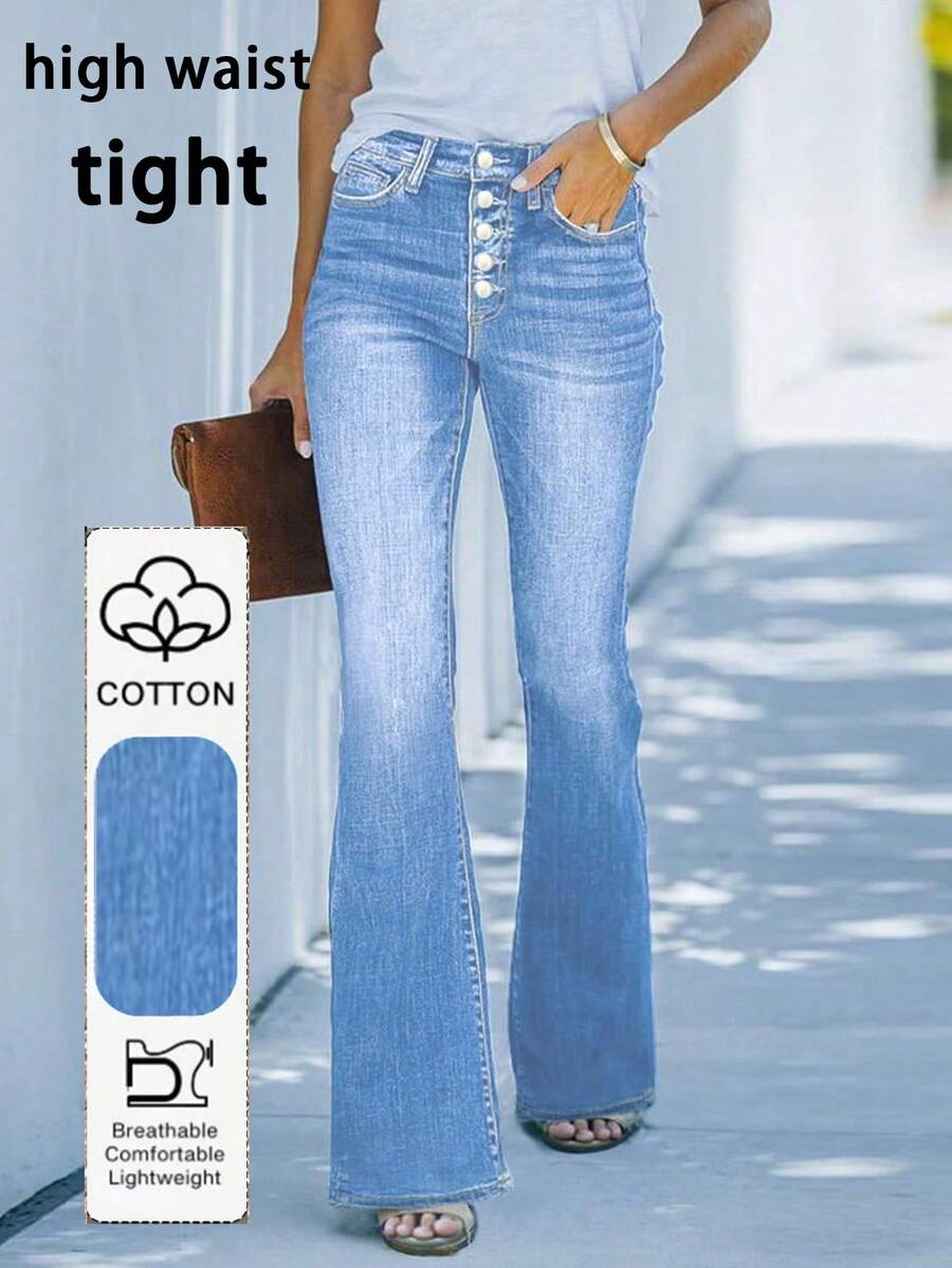 Women's Personalized Multi-Button Jeans Casual Spring - Light Wash - View 1