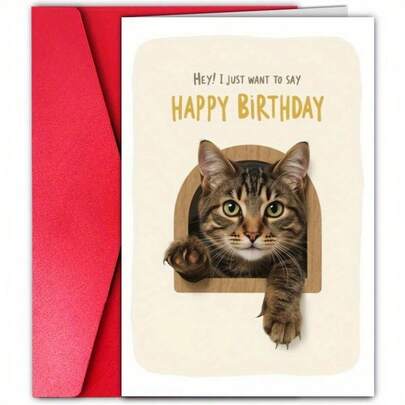 1张可爱生日贺卡，虎斑猫从猫门探出头来的设计，“嘿！我只想说声生日快乐”，附赠信封，是送给爱猫人士的完美礼物。