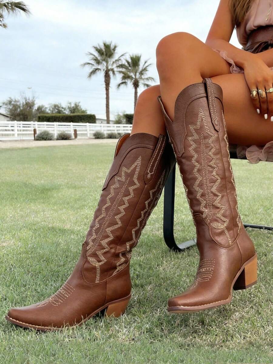 Womens Embroidered Cowgirl Knee High Boots Pointed Toe Block Heel Western Cowboy Boots For Women Casual Outings Festivals - màu nâu - Xem 1