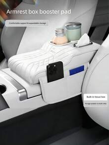 Car Armrest Box Pad With Tissue Box, Storage Bag And Cup Holder, Integrated Armrest Storage Solution, Car Center Console Height Enhancer, Stable Armrest Box - Multicolor - View 1
