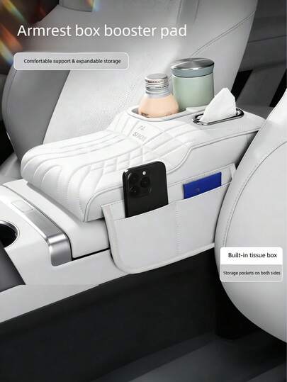Car Armrest Box Pad With Tissue Box, Storage Bag And Cup Holder, Integrated Armrest Storage Solution, Car Center Console Height Enhancer, Stable Armrest Box