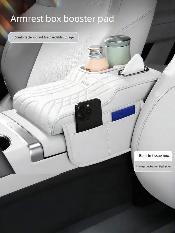 Car Armrest Box Pad With Tissue Box, Storage Bag And Cup Holder, Integrated Armrest Storage Solution, Car Center Console Height Enhancer, Stable Armrest Box