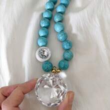 Beaded Chunky Multilayer Women Natural Turquoise Necklace, Fashion Dinosaur Crystal Stone Big Heart Charm Pendant, Hypoallergenic Collarbone Neck Chain Jewelry - Turquoise - View 4