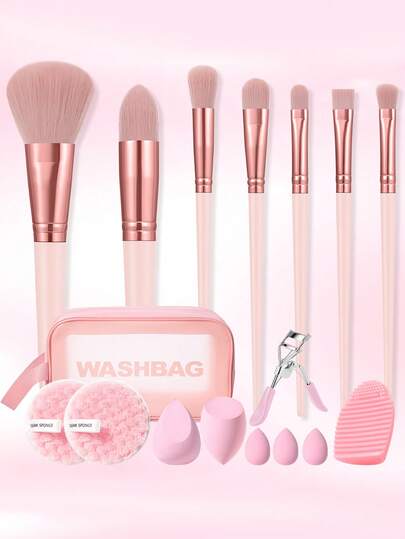 17-Piece Professional Makeup Brush, Powder Puff, Beauty Sponge, And Eyelash Curler Set: Includes 7 Makeup Brushes (For Setting Powder, Blush, Highlighter, And Eyeshadow), 2 Facial Cleansing Puff Sponges, 5 Ultra-Soft, Non-Absorbent Beauty Sponges, A Brush-Cleaning Egg, A Portable Letter-Printed Pouch, And An Eyelash Curler-A Complete Makeup Tool Set.