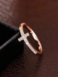 1枚优雅承诺戒指，时尚银/金十字架设计，镶嵌闪亮立方氧化锆，订婚/结婚戒指，奢华新娘珠宝 - 金色 - 查看 2