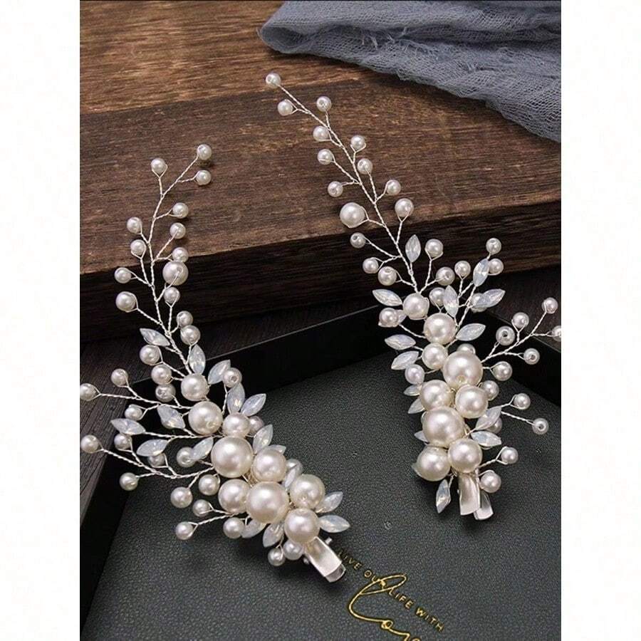 2pcs/Set Women's Handmade Faux Pearl, Proteins & Glass Rhinestone Hair Clip For Bridal Wedding Headpiece Elegant Claw Clips Hair Claws Hair Barrettes, School Stuff, Faux Pearl Hair Accessories - 銀色 - 查看 1