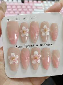 10pcs Pure Handmade Press On Nails Long Nails Almond Nails The Transparent Gradient Of Nude Pink, Hand-Painted Three-Dimensional Cherry Blossoms, Golden Small Beads As The Flower Stamens, As Well As Three-Dimensional Transparent Water Droplets And Other Textures, Are All Soft And Gentle.Gentle Elegant Cute Nails For Ladies And Girls Spring Summer Fall Winter Festivals Parties And Daily Life Use - Baby Pink - View 2