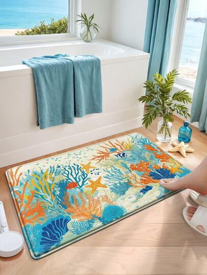 DAJIANG 1pc Colorful Coral Reef Bath Mat, Suitable For Bathroom, Kitchen, Outdoor, Indoor, Hallway, Bedroom, Living Room, Machine Washable, Anti-Slip Bottom, Easy To Clean, Suitable For Bedroom Bathroom Decor, Holiday Bathroom Decor, Room Decor, Outdoor Decor, Rug Mat