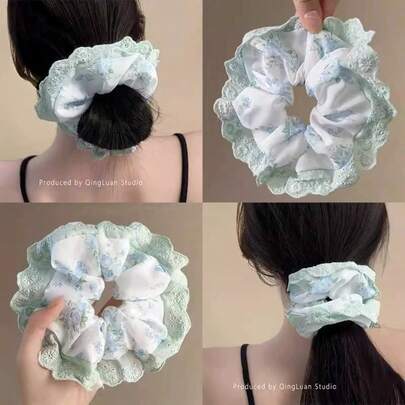 Ballet Style Lace Scrunchie, High Elasticity Durable Elegant Floral Print Hair Tie, Cute Fresh Hair Accessory