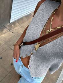 Mejors 女士可爱休闲亮面纽扣针织毛衣背心套头衫，时尚夏秋装，灰色和银色 - 淺灰色 - 查看 3