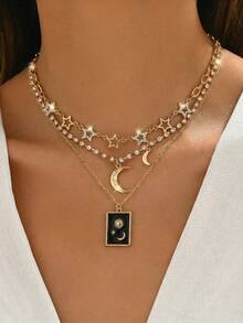 1件时尚优雅的星月水钻多层项链，适合日常佩戴、约会、派对等场合。 - 彩色 - 查看 7