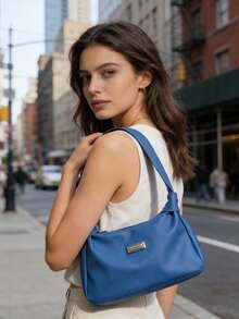 1pc Solid PU Underarm Shoulder Bag, Simple Metal Plate Decor Hobo Purse, Soft & Versatile PU Handbag For Women, Daily Use - Blue - View 2