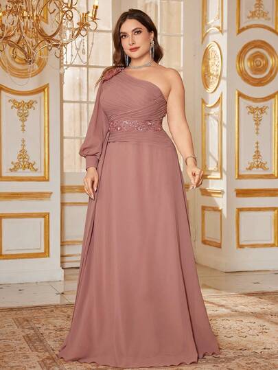 SUPGIR 不对称无肩带连衣裙，配不对称灯笼袖、奢华3D立体花卉亮片拼接和前褶设计，晚礼服