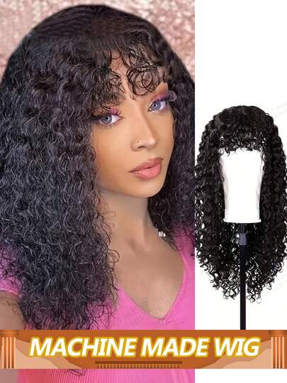 Water Wave Human Hair Wig With Bangs Machine Made Wigs Virgin Brazilian Hair Curly Wig Wear And Go Glueless Wig For Women 180% Density