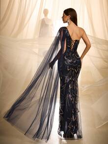 VIPGIRL Classy Sleeveless One Shoulder Knitted Fabric Long Formal Dress With Intricate Beading And Asymmetrical Design - Navy Blue - View 3