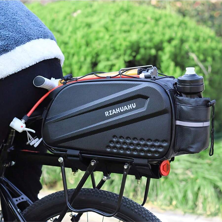 Waterproof Bicycle Rear Bag Hard Shell EVA Cycling Trunk, Large Capacity Bike Saddle Bag With Bottle Holder & Reflective Trim, Shoulder Strap For MTB Road Bicycle Commuter Travel