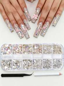 12 Grids Box Nail Rhinestones DY Gems With Tweezer And Nail Art Pen Nail Art Tool Set - Baby Pink - View 1