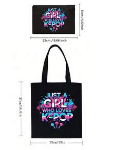 帆布手提袋，印有“Just A K-Pop Lover Girl”字样，大容量K-Pop粉丝单肩包，粉丝周边礼品，通勤购物袋，可折叠休闲杂货袋，适合音乐爱好者，适用于旅行、演唱会、粉丝活动、派对、工作、日常使用，粉丝礼物，韩剧粉丝的理想生日礼物，大学生，偶像周边，节日礼物，演唱会礼物 - 彩色 - 查看 11