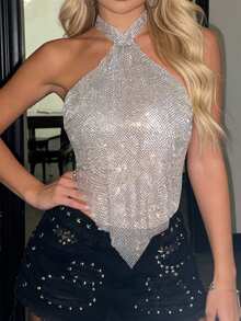 Top Halter de Mujer de Malla con Rhinestones, Brillante, Sin Mangas, Borde Asimétrico, Ajustado para Fiestas y Salidas Nocturnas de Verano - Plateado - Ver 4