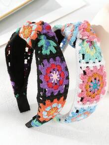 女士顶部打结宽发带，防滑，女孩头巾花朵钩编针织发饰发带发箍 - 彩色 - 查看 1