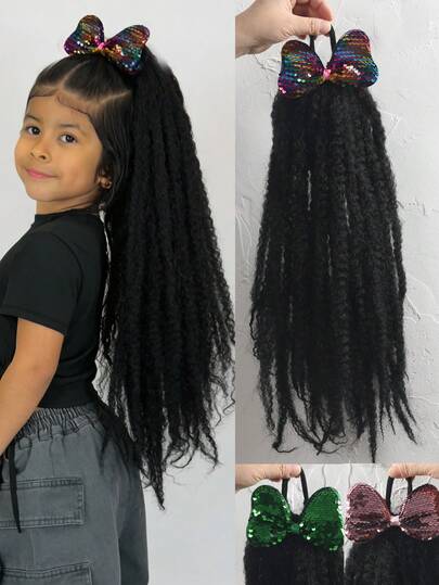 1件装非洲卷发辫子，带彩色蝴蝶结马尾辫，合成纤维辫子，带橡皮筋，耐热合成纤维儿童假辫子