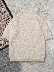 Spring/Summer Men's Unisex Round Neck Textured Hollow Out Lightweight Short Sleeve Knit Top Solid Color Streetwear Versatile Casual Vacation Business Loose Commute Daily Old Money Short Sleeve Knit Sweater Khaki - Khaki - View 2