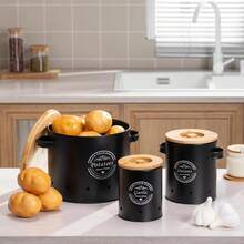 3pcs Potato & Onion Storage Containers With Handles, Garlic & Potato Storage Box Set, Wooden Lid Metal Cans, Kitchen Supplies - Multicolor - View 12