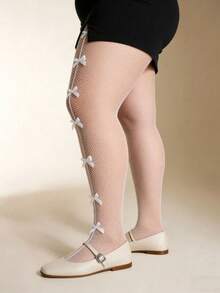 1 Pair Plus Size White Fishnet Stockings With Bow Decor, Sexy Ribbon Detail, Comfortable For Daily Wear - W-a1101 White With Multiple Bows - View 2