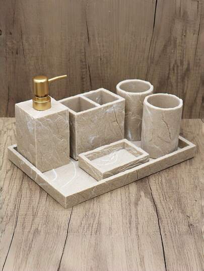 6pcs Faux Wood Grain Bathroom Accessories Set, Including Soap Dispenser, Toothbrush Holder, Tumbler, Soap Dish, Large Tray And Countertop Decor. Suitable For Modern Bathroom Decor, Elegant And Durable Design For Home Or Office Bathroom.