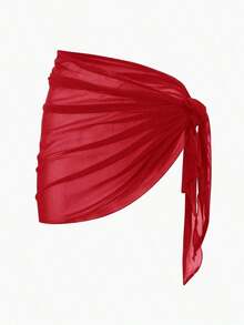 Swim Basics Solid Color Mesh Cover-Up Skirt For Beach Resort For Summer Beach Vacation - 紅色 - 查看 13