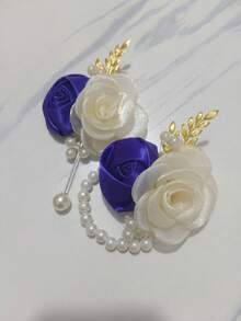 1pc Boutonniere + 1pc Wrist Corsage, Champagne & Blue Dual Flower Decor, Elegant For Wedding, Banquet, Party, Bride, Bridesmaid, Daily Wear, Valentine's Day,Summer,Beach - 713 Purple + Rice - View 2