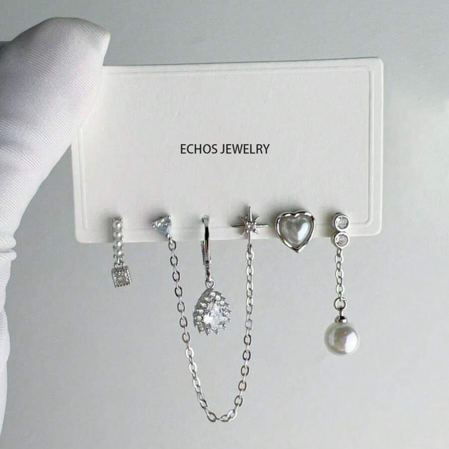 6件套精致星爆心形珍珠耳环套装，独特设计链式耳环，夏季必备 - 白色 - 查看 1