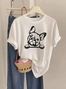 Women's French Bulldog Face Print T-Shirt - Relaxed Fit Cute Frenchie Design, Medium-Stretch Breathable Tee Suitable For French Bulldog Lovers - Casual Wear & Party Outfits, Spring/Autumn Layering Essential, Lightweight Comfortable Top - 白色 - 查看 6