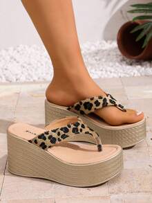 女士厚底坡跟人字拖，厚底高跟凉鞋，新款时尚夏季沙滩拖鞋 - 米色 - 查看 1