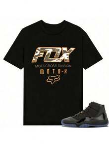 Men's Y2K Motocross Graphic Short Sleeve T-Shirt, Camouflage Letter & Fox Head Print Moto-X Division Design, Crew Neck Casual Top For Racing, Streetwear & Daily Wear - màu đen - Xem 1