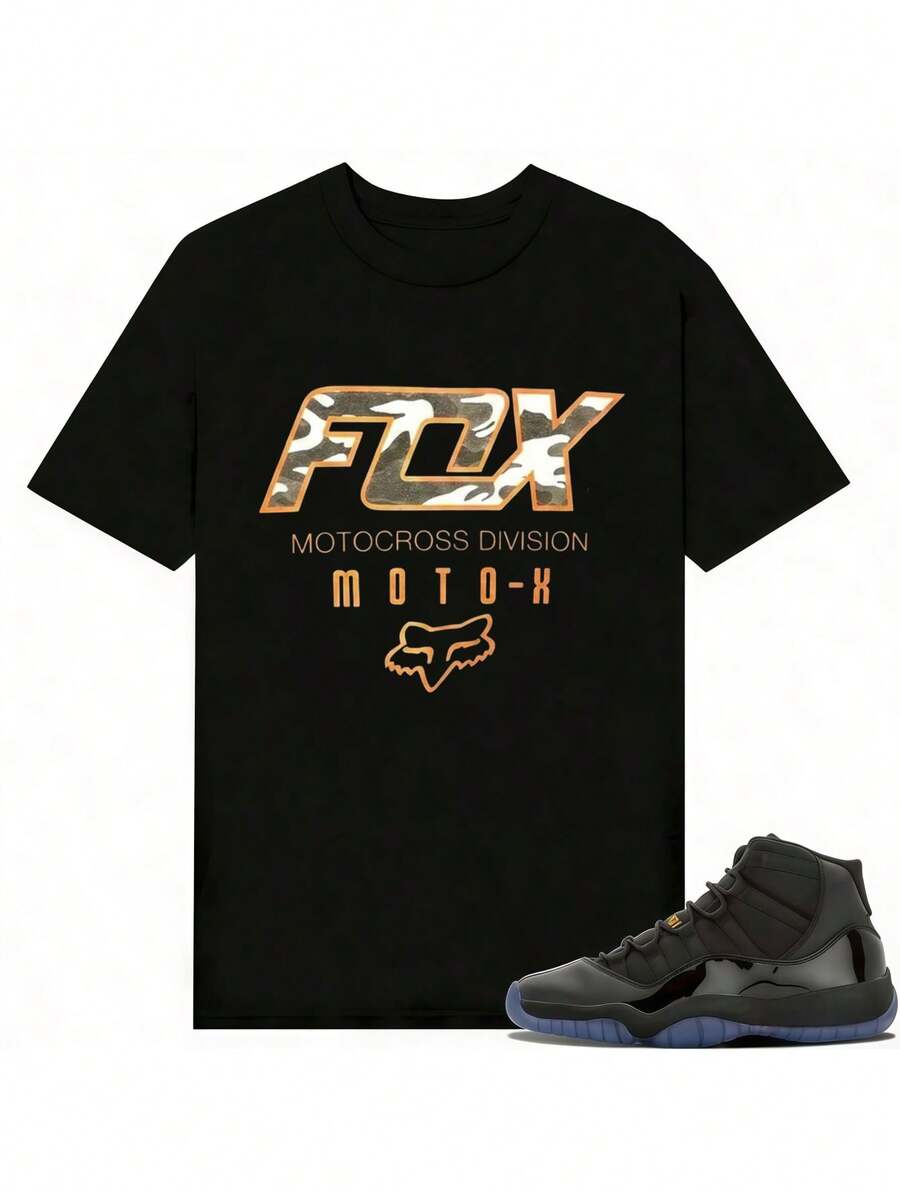 Men's Y2K Motocross Graphic Short Sleeve T-Shirt, Camouflage Letter & Fox Head Print Moto-X Division Design, Crew Neck Casual Top For Racing, Streetwear & Daily Wear - màu đen - Xem 1