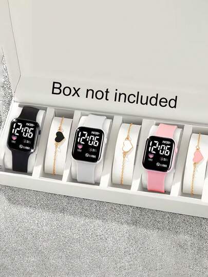 这款2026年新款六件套腕表套装包含男女款腕表，均镶嵌心形钻石，并提供多种颜色选择。无论是作为礼物还是自用，都非常适合，既可日常佩戴，也可出席特殊场合。