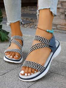 平底编织凉鞋，休闲简约沙滩渔夫凉鞋（女士款） - 藍色 - 查看 5