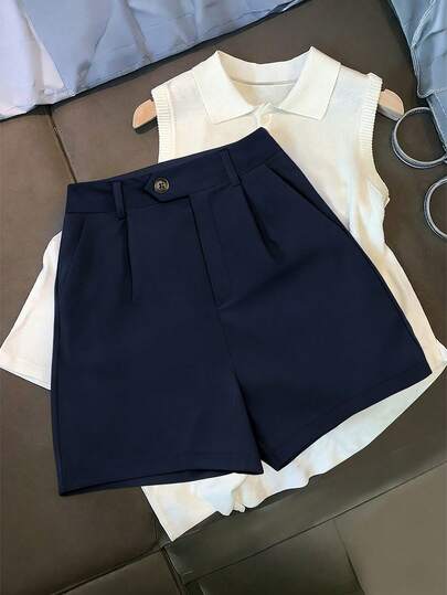 Pantalones cortos casuales de talle alto de color azul marino con diseño de pierna ancha en forma de A, pantalones cortos estilizadores para ir al trabajo, adecuados para figuras en forma de pera, el diseño de pierna ancha en forma de A oculta los defectos y estiliza en verano