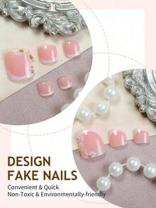24Pcs Short Square Press On Toenails French Tip Press On Toenails Spring Flower Elegant Design Full Cover Fake Nails For Women And Girls Daily Wear Nail Supplies Nails - 彩色 - 查看 4