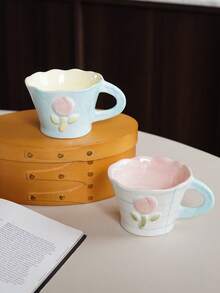 1pc 220ml Ceramic Coffee Cup With Embossed Floral Design Minimalist Asymmetric Rim Mug Pink Checkered Pattern With Blue Stripes Suitable For Home Decor Tableware Coffee Shop Latte And Milk Cup Summer Party Beverage Cup Giftware - Multicolor - View 11