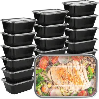 Wielokrotnego użytku pojemniki do przygotowywania posiłków z pokrywkami, pudełka do przechowywania żywności w kuchence mikrofalowej, pudełko na lunch z jedną komorą, pojemniki na żywność do układania w stosy, odpowiednie do kuchenki mikrofalowej i zamrażarki (czarne)