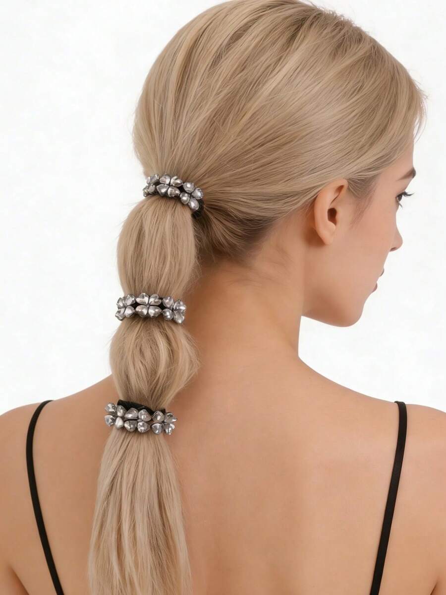 1pc/3pcs Women's Fashion Elegant Silver Rhinestone Four-Leaf Clover Hair Scrunchies, Suitable For Daily Wear, Spring/Summer, Party Outfit - Multicolor - View 1